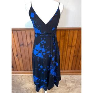 Womens Urban Outfitters Black Blue Floral Spaghetti Strap‎ Wrap Tie Dress XS